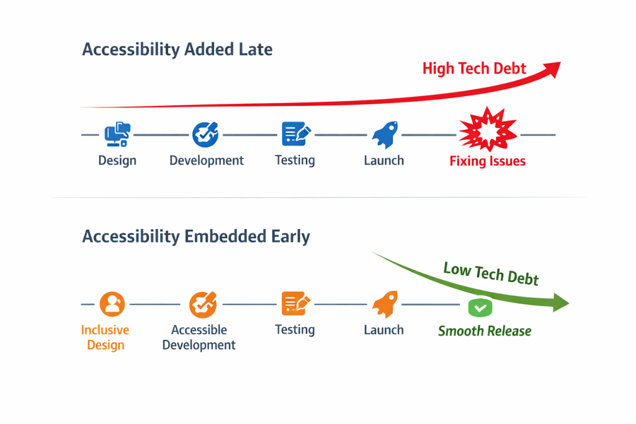 Chart shows that accessibility embedded early from design and development brings smooth release with low tech debt.