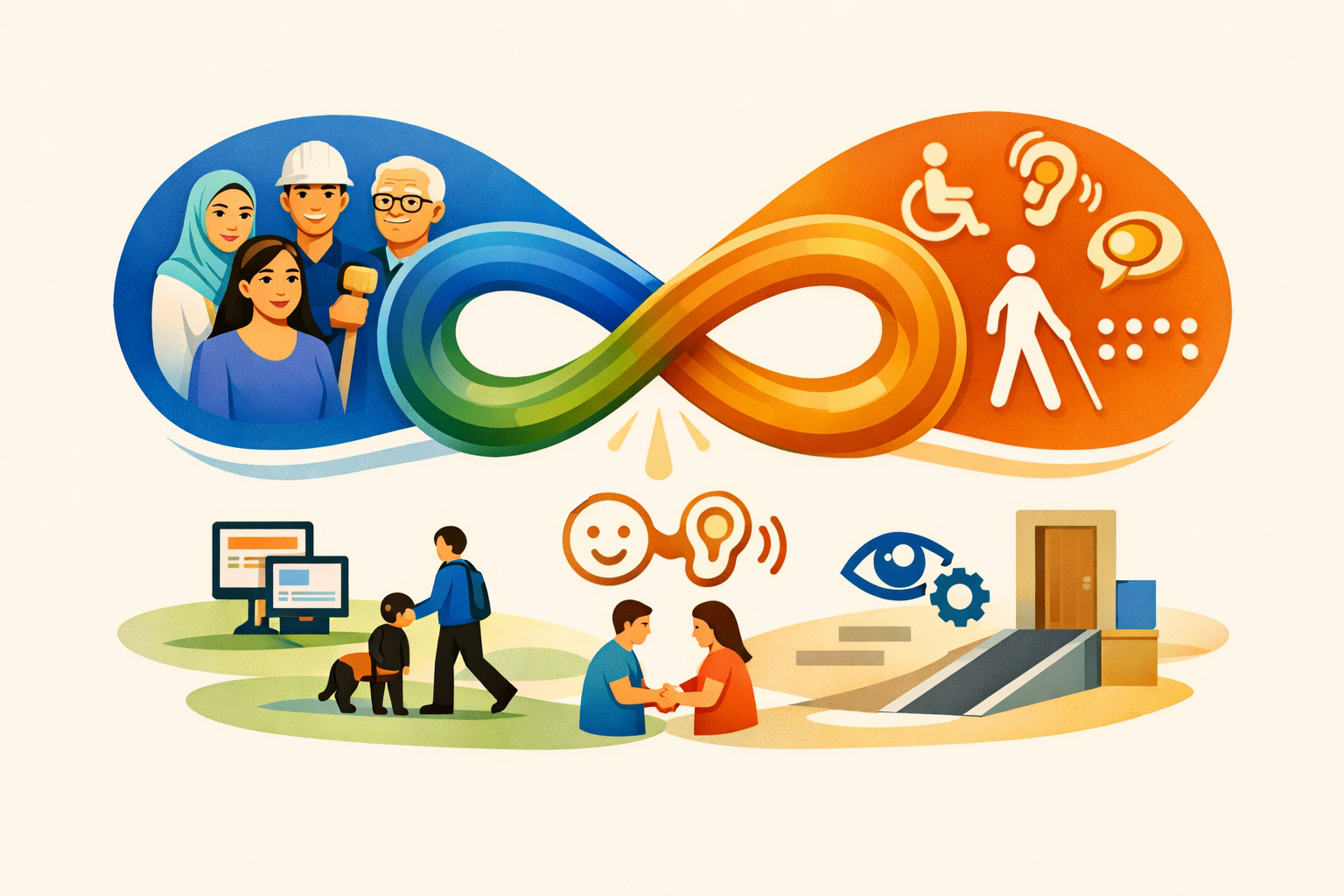 An illustration shows an infinity symbol connecting two sides — one with diverse people and the other with accessibility icons including wheelchair, white cane, hearing aid, and Braille dots. Beneath the symbol are scenes depicting inclusive interaction, assistive technology, and barrier-free access, visually expressing harmony between inclusive design and accessibility.