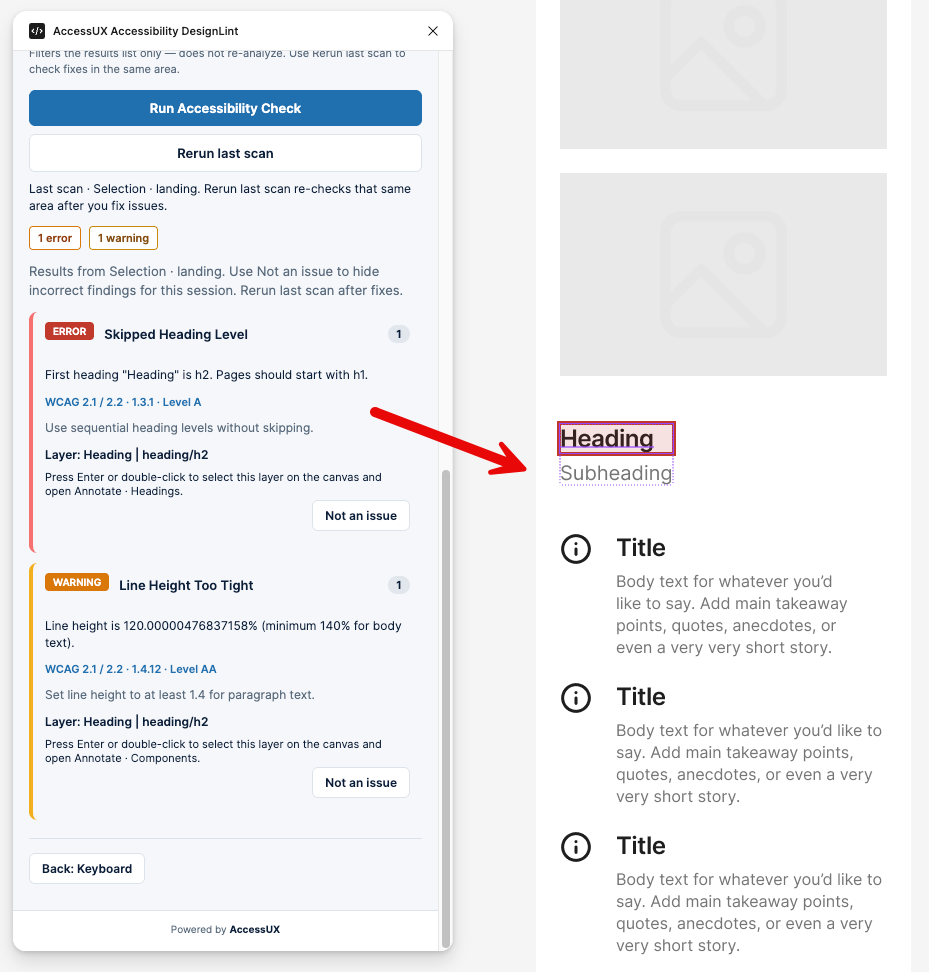 Design-stage automated WCAG accessibility scan results like 'Error: Skipped heading level' and 'Warning: Line height too tight'