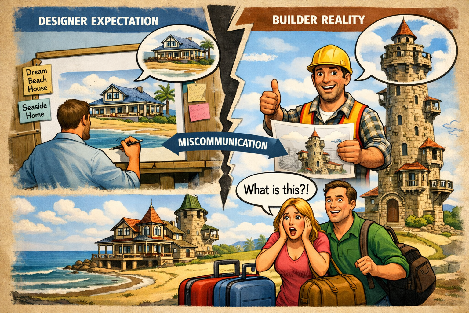 A designer draws a seaside house however a breakdown in communication means the builder builds a lovely tower. The new owners come with bags packed to move in and are shocked the tower isn't the house they hoped for.