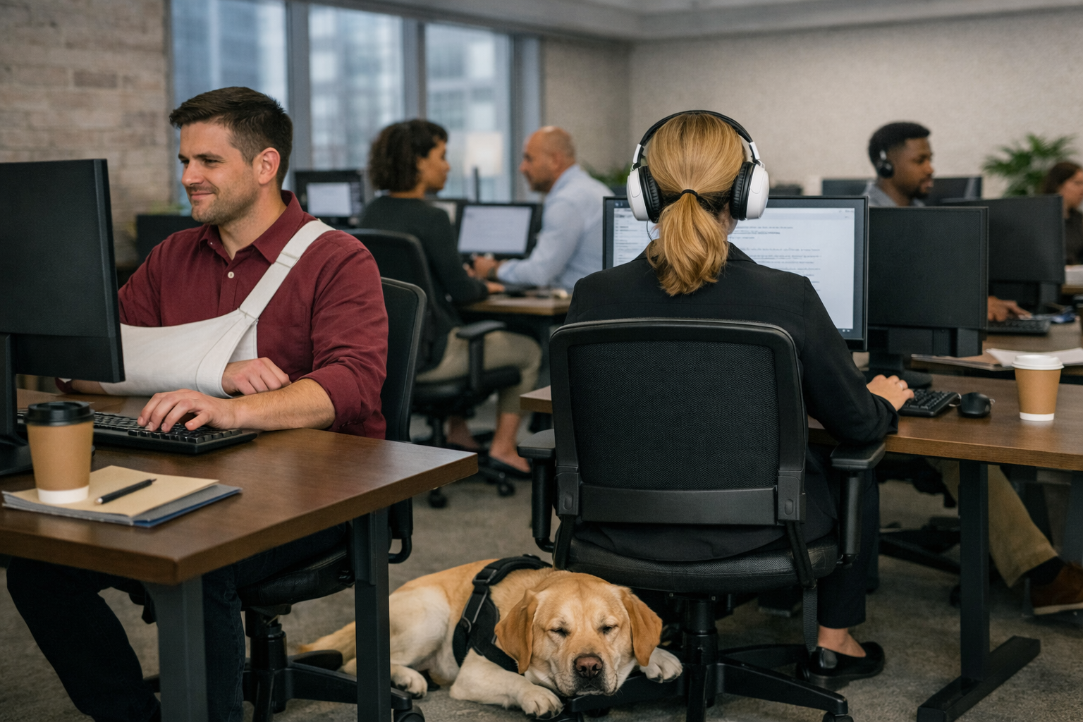 Office workplace with people seated at desks. A woman with a sleeping guide dog at her feet and a man with an arm in a sling typing with his left hand only.