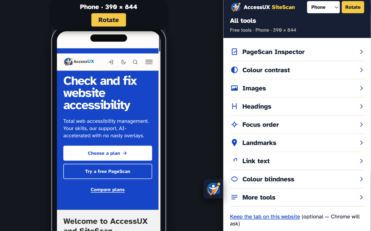 The SiteScan panel lists PageScan Inspector, colour contrast, images, headings, focus order, landmarks, link text, colour blindness, and more tools, beside the AccessUX homepage at phone width.