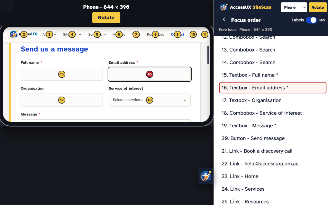 Focus order on a phone-width contact form, with numbered stops on the fields and the email address highlighted as stop 16.