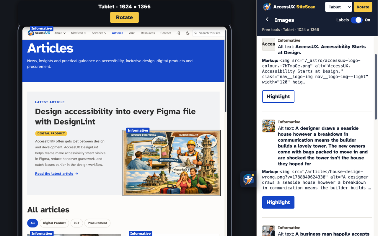 The Images tool on a tablet-width AccessUX articles page, marking pictures as informative and showing each image’s alt text.