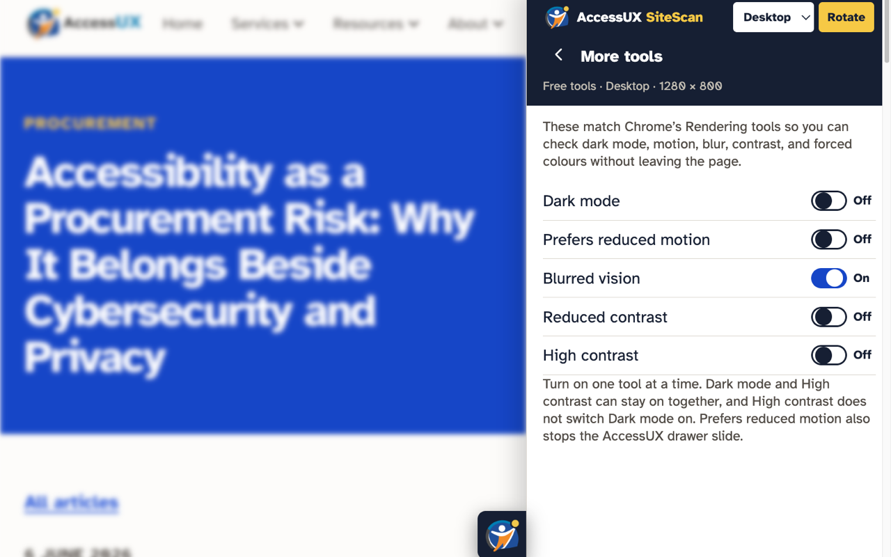 More tools on a desktop-width page, with blurred vision turned on so the heading is soft, and switches for dark mode, reduced motion, reduced contrast, and high contrast.