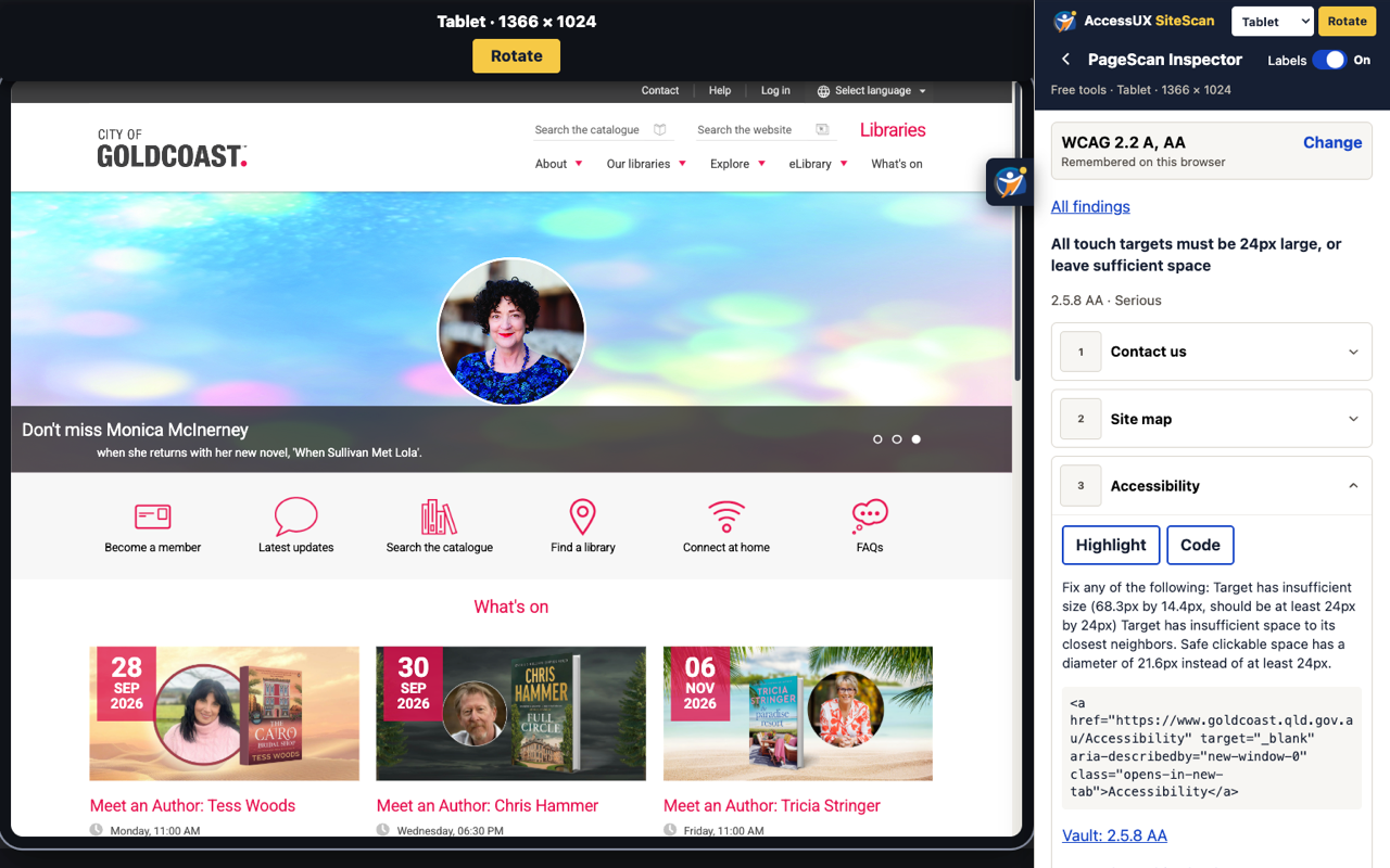 PageScan Inspector on a tablet-width City of Gold Coast page, with a serious finding about touch target size expanded, plus Highlight and Code.